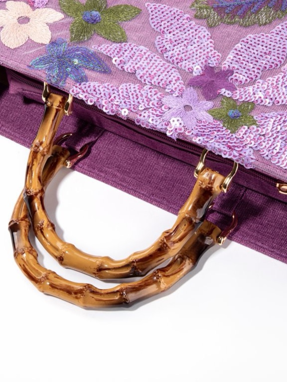 Vintage Purple Floral Sequin Tote with Bamboo Handle - Picture 5 of 5